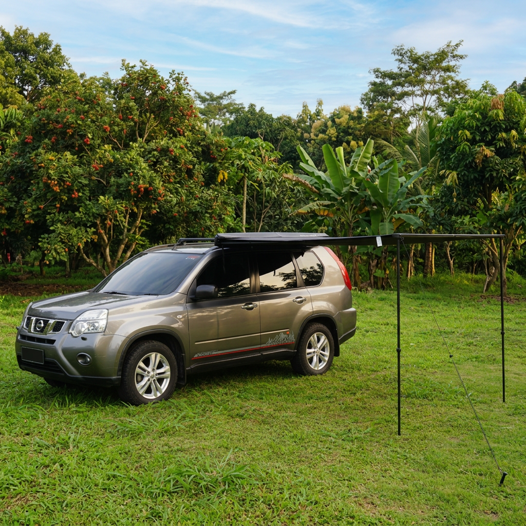 Foto awning OTO Camper ID dengan pencahayaan sore hangat